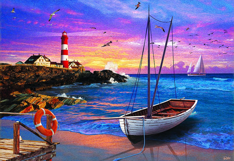 Cozy Cove, sea, boat, lighthouse, sunset, painting, HD wallpaper
