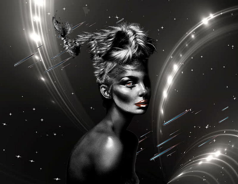 Avant Garde Body and Hair Art Space, artistic, pretty, stunning, hair art, space, bold, face paint, meteorites, breathtaking, bonito, woman, silver, women, feminine, gorgeous, female, lovely, creative, girl, body paint, HD wallpaper