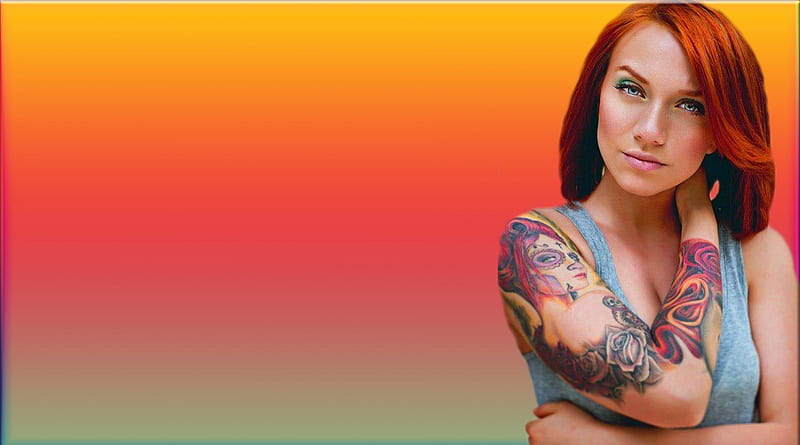 Tattooed Redhead, redhead, ginger, red head, bonito, woman, women, beauty, blue eyes, gorgeous, tat, female, lovely, tattoo, red hair, sexy, girl, lady, tattooed, eyes, HD wallpaper