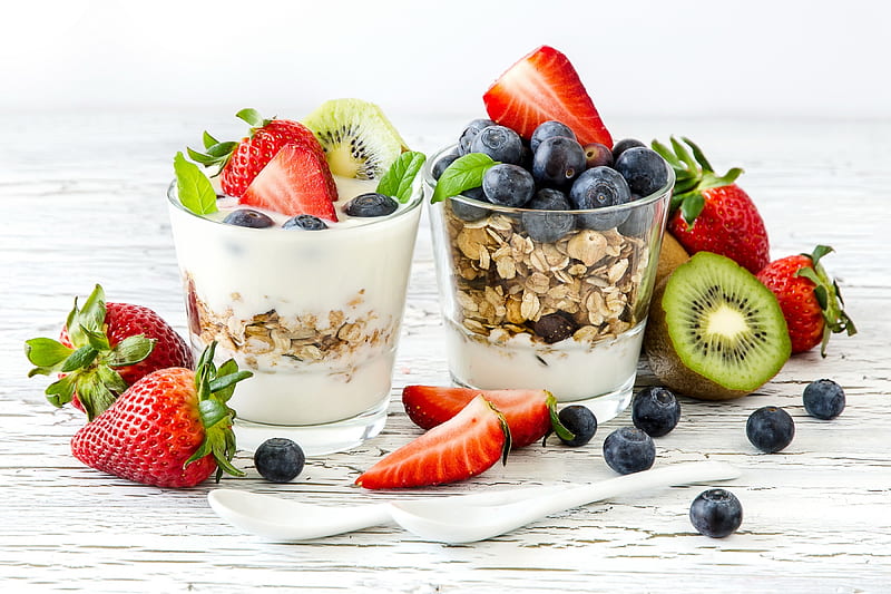 Morning Start, strawberry, food, kiwi, fruits, blueberry, healthy, breakfast, milk, HD wallpaper