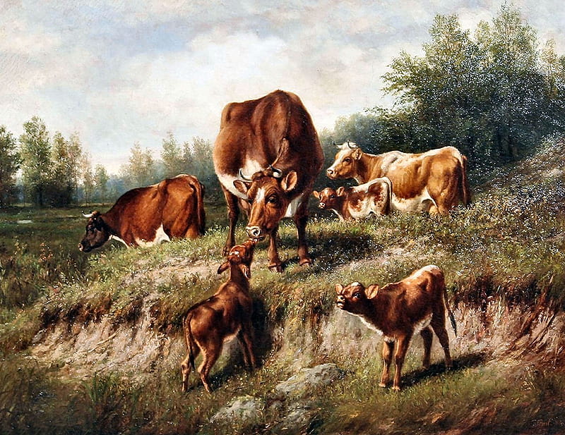 Cows and Calves , art, bonito, calves, artwork, water, painting, wide screen, levee, farm animals, cows, HD wallpaper