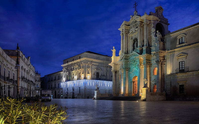 Evening, Square, Syracuse, Italy, Cathedral, Sicily, Duomo di Siracusa, HD wallpaper
