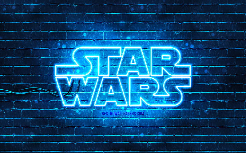 Star Wars blue logo blue brickwall, Star Wars logo, creative, Star Wars neon logo, Star Wars, HD wallpaper