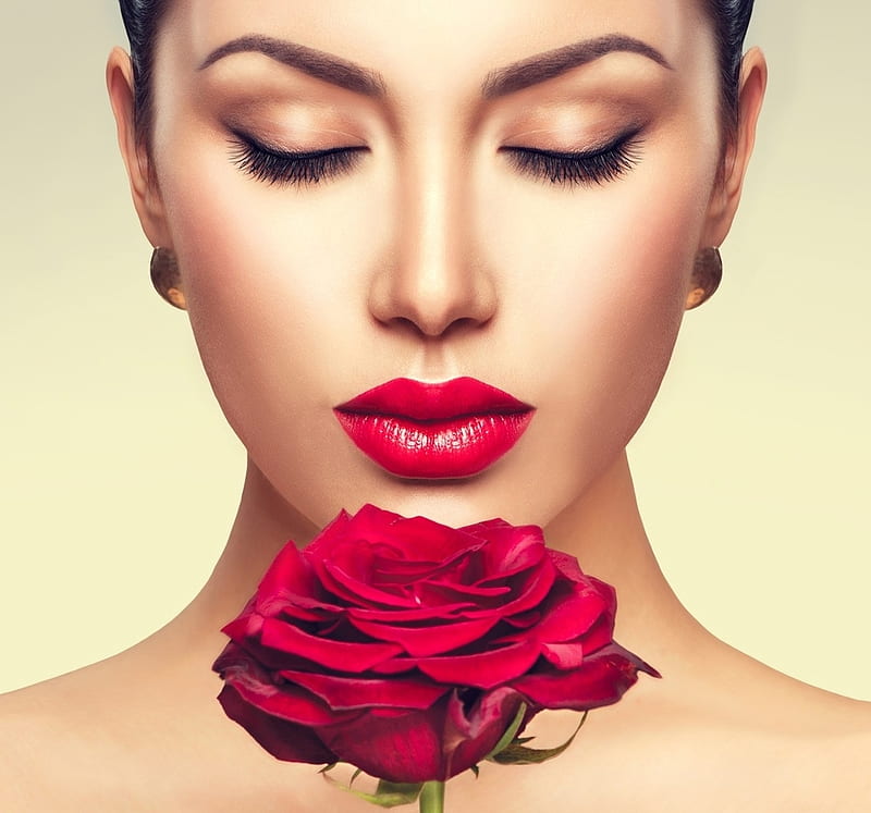 Beauty, red, model, rose, woman, lips, anna subbotina, trandafir, girl, flower, face, HD wallpaper