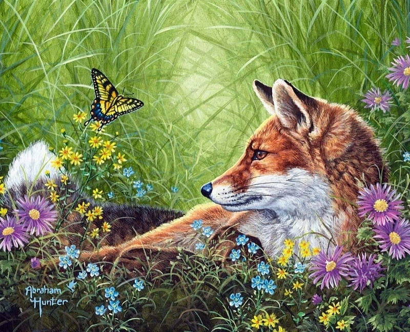 Fox and butterfly, painting, abraham hunter, pictura, animal, art, vara, vulpe, butterfly, fox, green, flower, summer, HD wallpaper