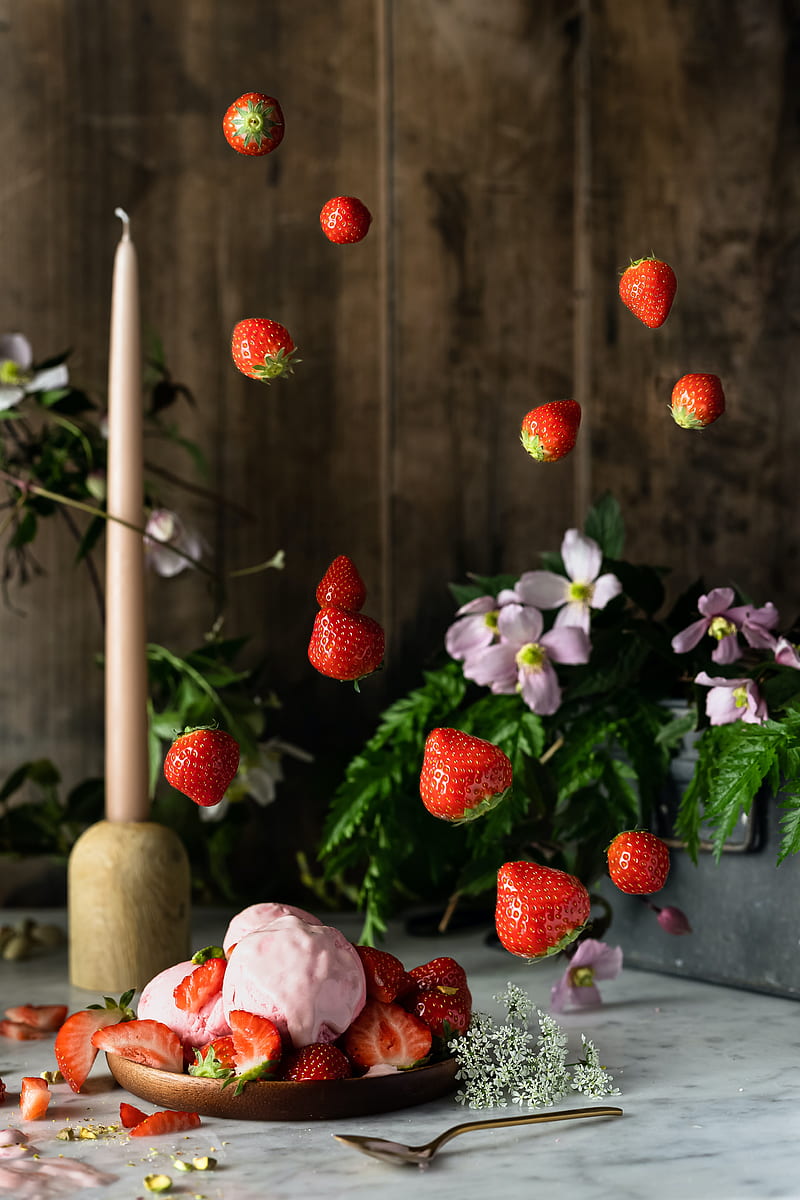 ice cream, strawberries, berries, dessert, plate, HD phone wallpaper