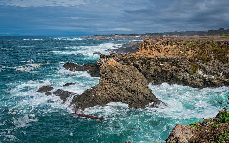 Gulf of San Francisco, Pacific Ocean, rocky coast, storm, waves, seascape, Point Cabrillo, Mendocino, California, Coast, USA, HD wallpaper