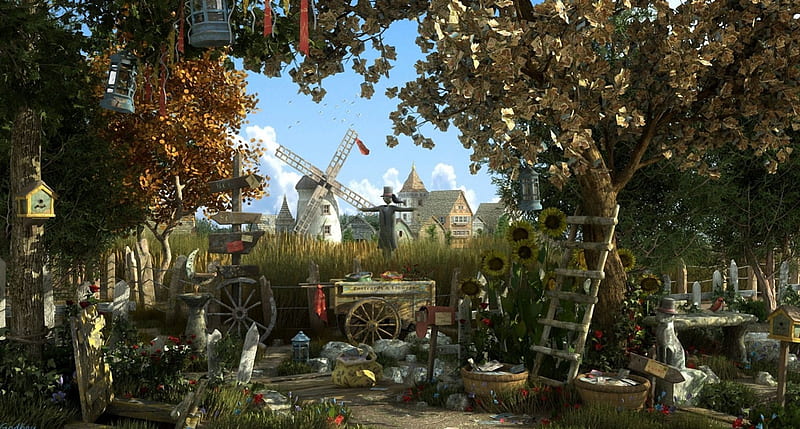 That's Life, tree, windmill, utensils, bush, garden, HD wallpaper