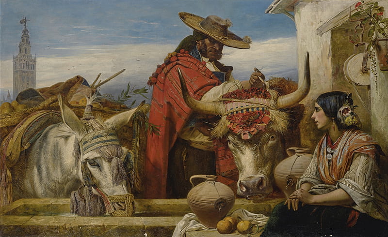 The market, art, cow, painting, man, woman, hat, horns, couple, pictura, HD wallpaper