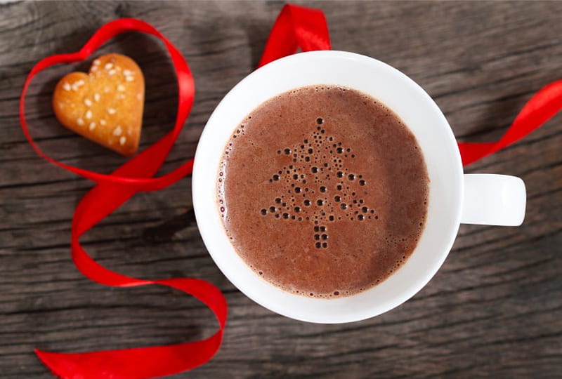 Coffee, with love, cookie, from the heart, cup coffee, red ribbon, heart, HD wallpaper