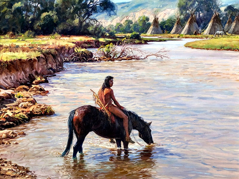 Native American Settlement F, art, equine, bonito, horse, illustration, artwork, water, painting, wide screen, Native American, river, landscape, HD wallpaper