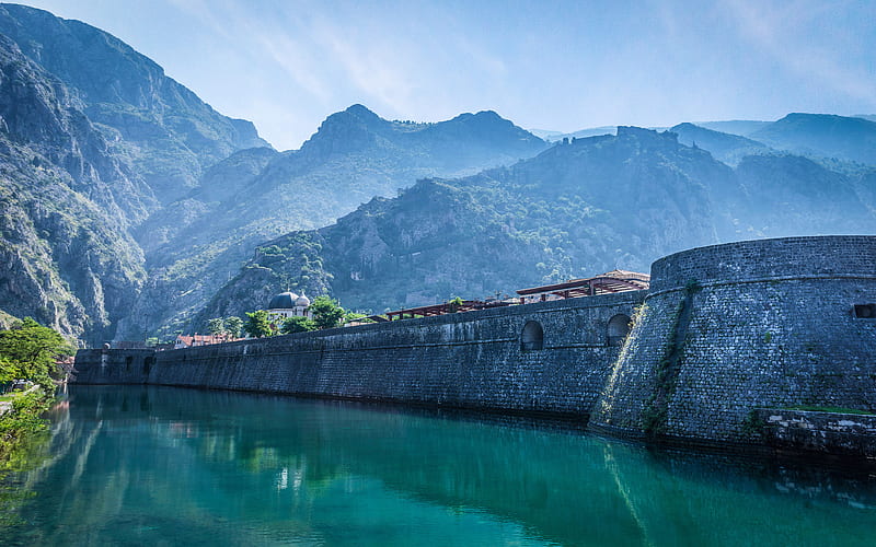 Old City Kotor, lake, Tower Campana, dam, Montenegro, summer, Europe, HD wallpaper