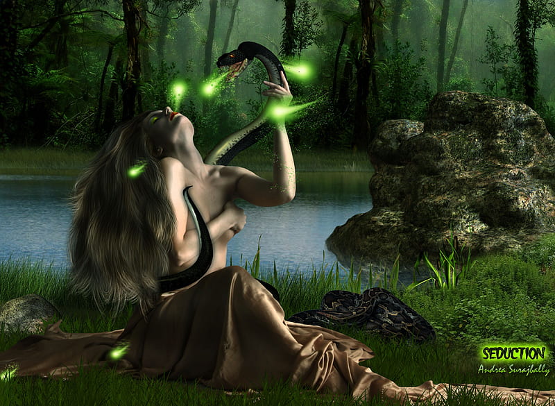 **SEDUCTION**, pretty, grass, bonito, digital art, women, sweet, cold, leaves, fantasy, splendor, manipulation, people, girls, seduction, animals, female, models, lovely, colors, sexy, trees, cute, cool, plants, attractive, snake, HD wallpaper