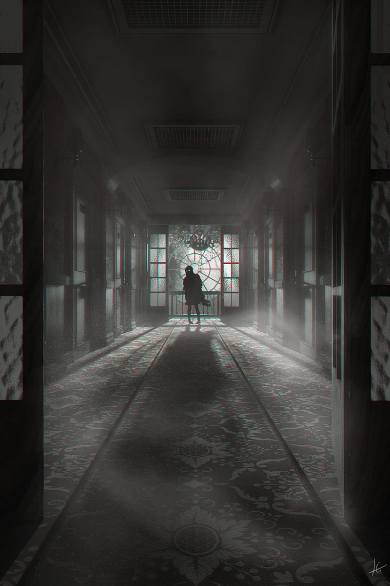 corridor, silhouette, dark, door, fog, HD phone wallpaper