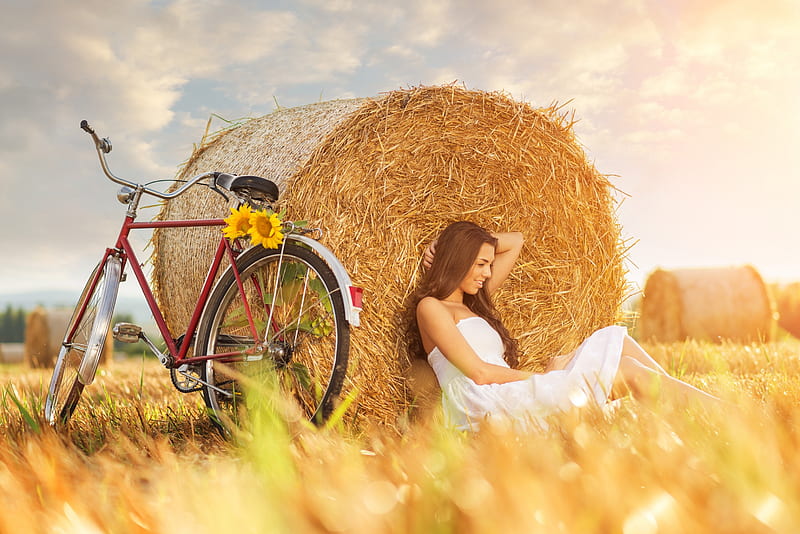 Summer Day , bicycle, bonito, sunflower, hay, girl woman, graphy, summer, beauty, nature, field, HD wallpaper