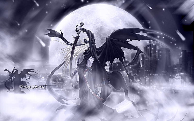Black Savior, moon, warrior, wings, dark, black, cloak, sword, HD wallpaper