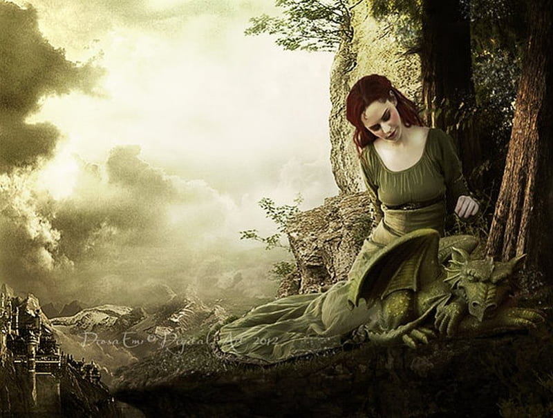 Medioevo Dreams, fantasy, green, dreams, dragon, lady, HD wallpaper Medioevo Dreams, fantasy, green, dreams, dragon, lady, HD wallpaper