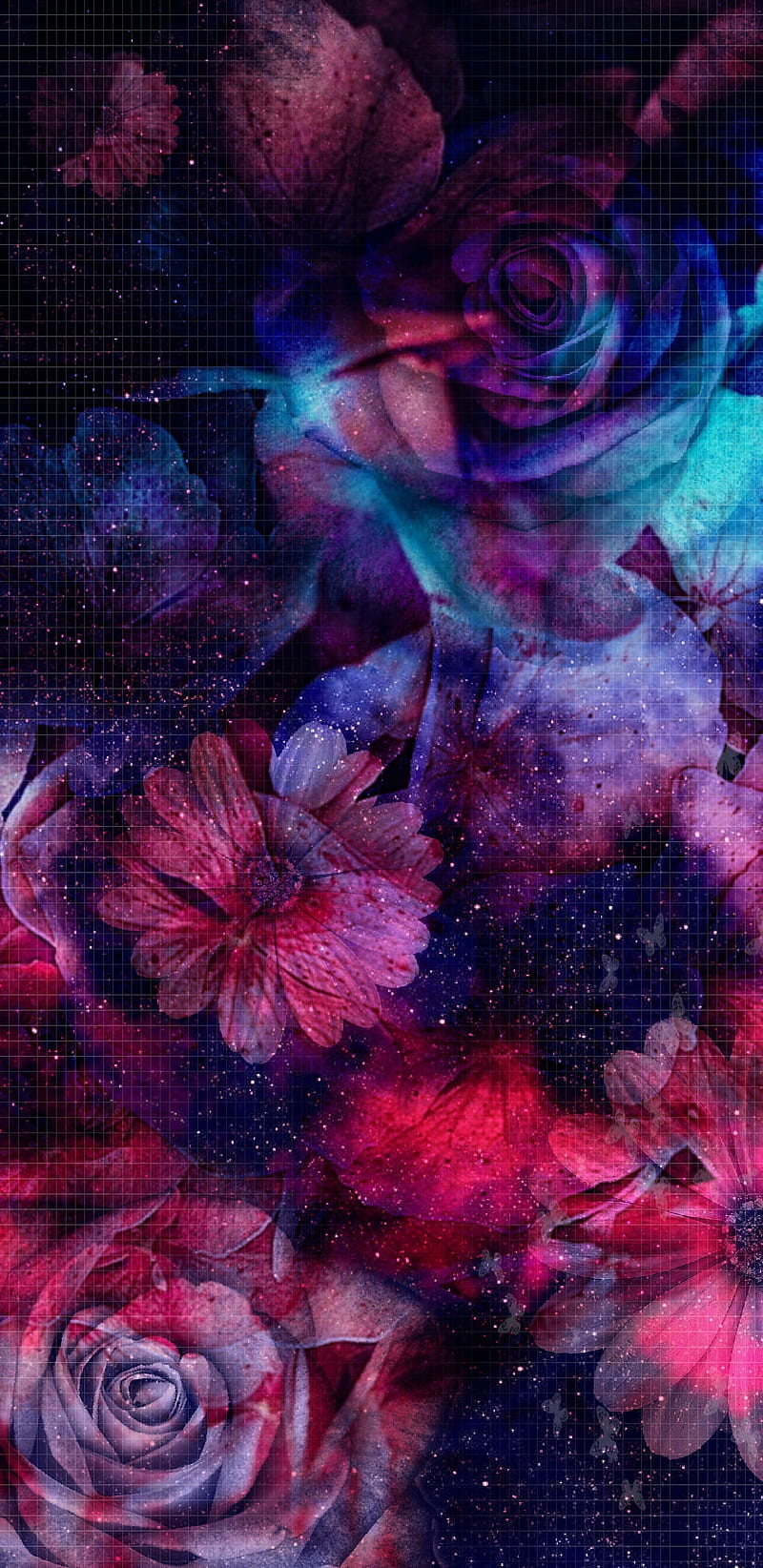 AbstractFlowerGrid, abstract, blue, flower, flowers, grid, nature, night, pink, purple, space, HD phone wallpaper