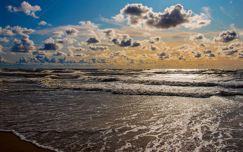 Baltic Sea in Latvia, sunshine, waves, clouds, sea, Latvia, HD wallpaper
