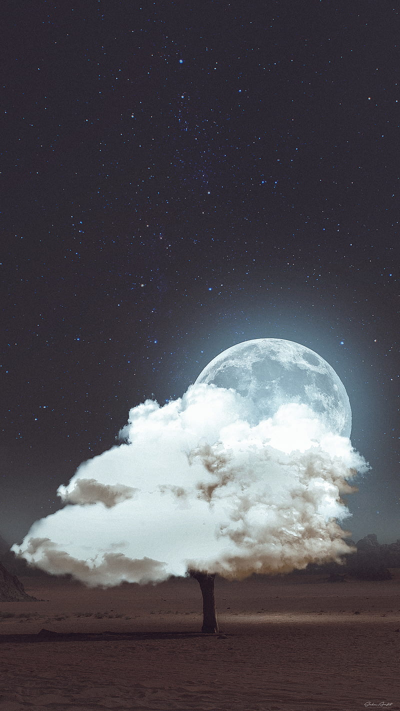 Cloud Tree In Mars, Cosmos, Desert, Galaxy, Glow, Moon, Neon, space, HD phone wallpaper