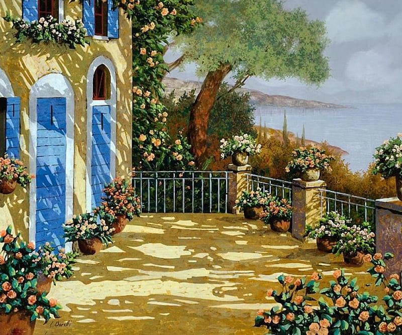 Mediterranean Veranda, tree, house, painting, flowers, artwork, sea, HD wallpaper