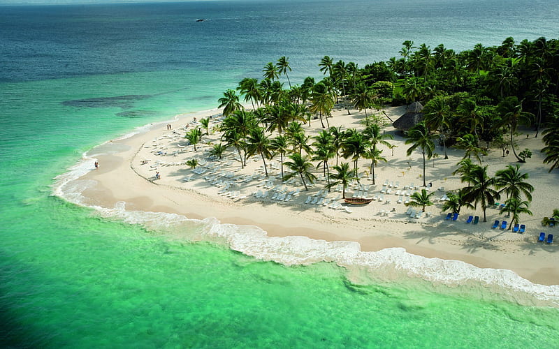 beach, ocean, palm trees, tropical island, vacation, beach chairs, HD wallpaper