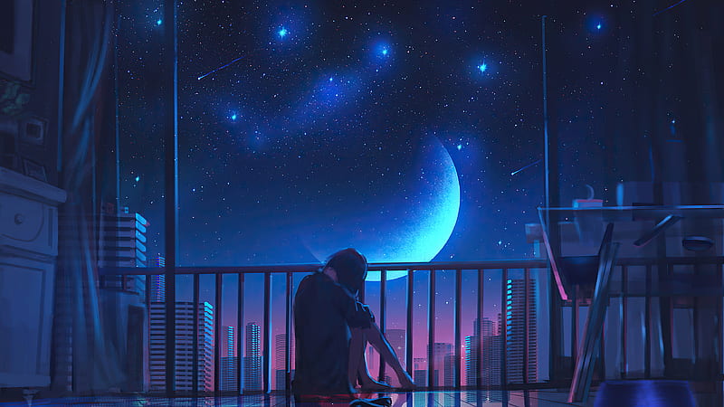 anime girl standing on a balcony looking at the moon, lofi girl, lofi  artstyle, lofi, by Shingei - SeaArt AI