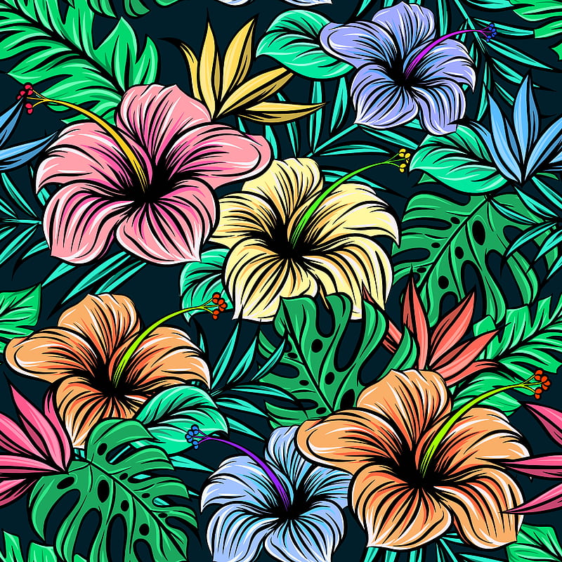 hibiscus, flowers, patterns, exotic, leaves, HD phone wallpaper