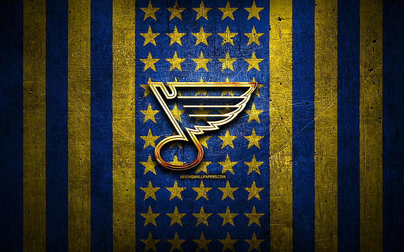 St Louis Blues flag, NHL, blue yellow metal background, american hockey team, St Louis Blues logo, USA, hockey, golden logo, St Louis Blues, HD wallpaper