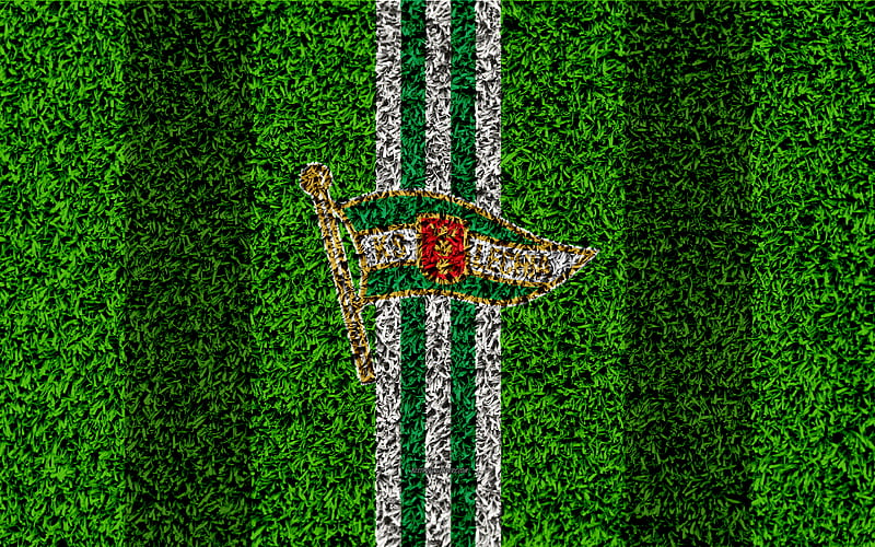 Lechia Gdansk logo, football lawn, Polish football club, green grass texture, green white lines, Ekstraklasa, Gdansk, Poland, football, art, HD wallpaper