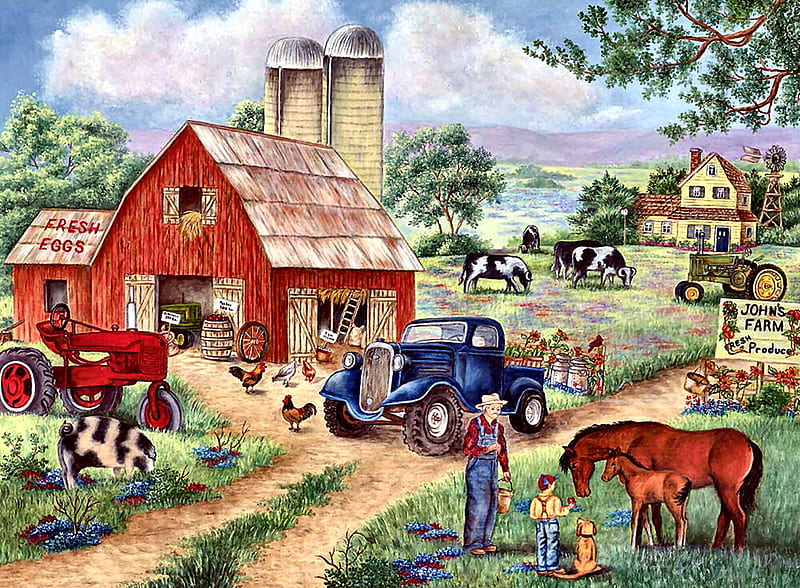 John's Farm F1, colt, equine, foal, bonito, artwork, barn, farm, painting, wide screen, chickens, cows, art, tractor, horses, sheep, pigs, farm animals, HD wallpaper