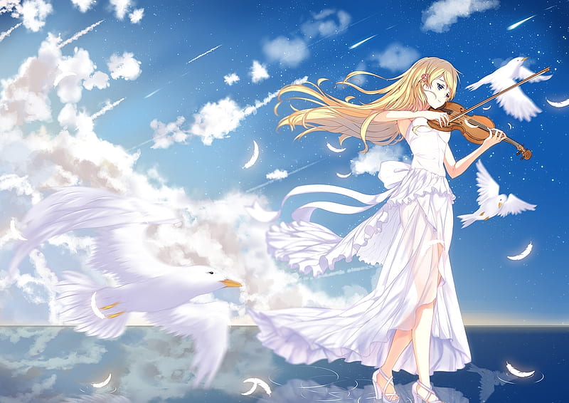 Miyazono Kawori, violin, cloud, wind, manga, seagull, sky, instrument, vara, bird, anime, summer, white, kal, blue, HD wallpaper
