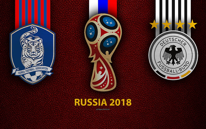 South Korea vs Germany Group F, football, logos, 2018 FIFA World Cup, Russia 2018, burgundy leather texture, Russia 2018 logo, cup, South Korea, Germany, national teams, football match, HD wallpaper