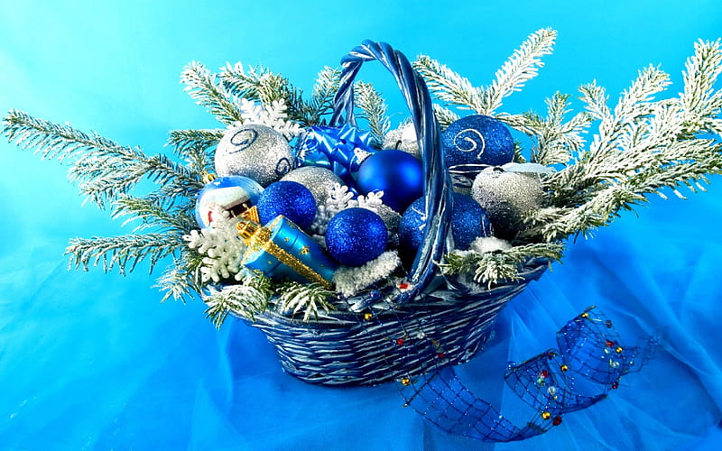 CHRISTMAS ORNAMENTS, ornaments, holiday, decoration, basket, blue, HD wallpaper