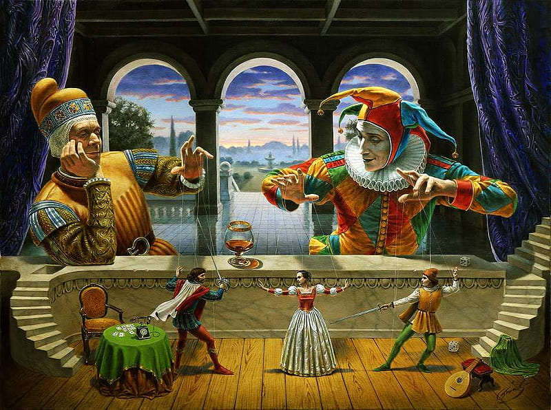 Michael Cheval - Art of diplomacy, red, table, puppet, stairs, harlequin, card, glass, purple, drink, lute, michael cheval, art of diplomacy, HD wallpaper