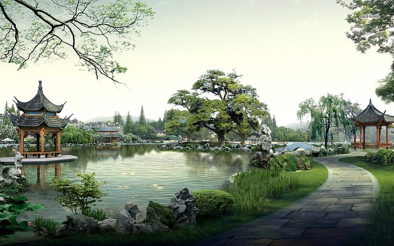Japanese Garden, art, japanese, 3D, digital, garden, nature, scenery, HD wallpaper