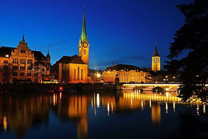 Zurich Switzerland river night time Cities, HD wallpaper