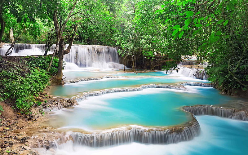 Kuang Si Waterfall, jungle, waterfalls, Luang Prabang, Laos, HD wallpaper