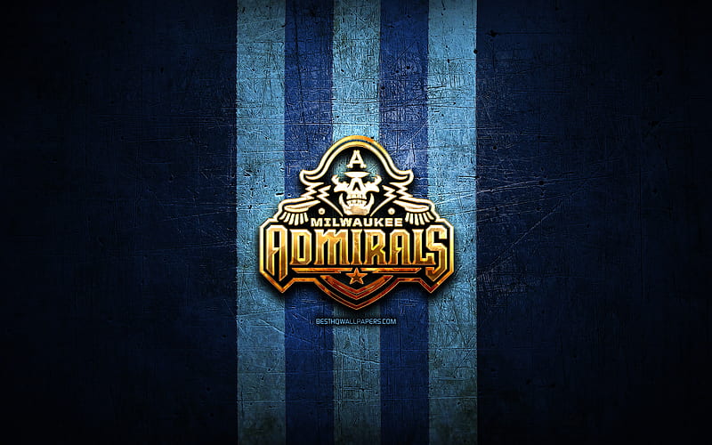 Milwaukee Admirals, golden logo, AHL, blue metal background, american hockey team, American Hockey League, Milwaukee Admirals logo, hockey, USA, HD wallpaper