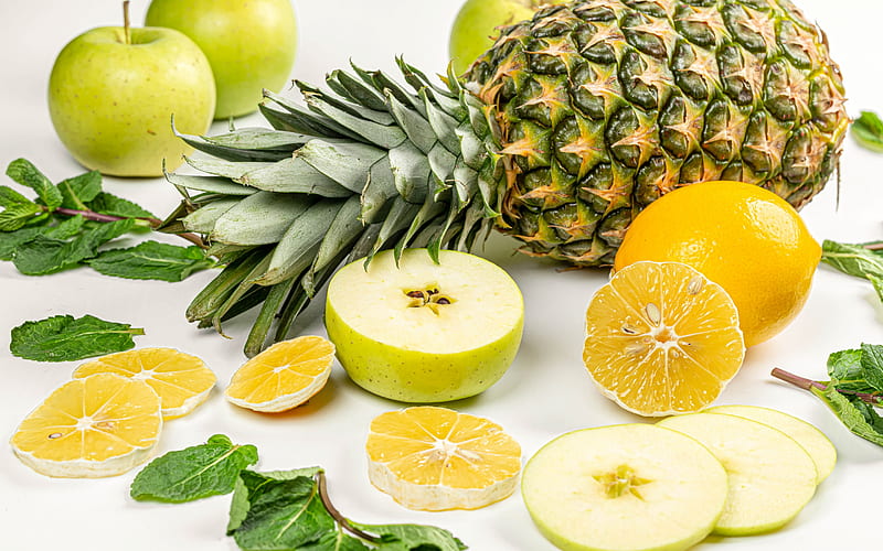 tropical fruits, pineapple, carom, carambola, lemons, apples, healthy food concepts, vitamins concepts, HD wallpaper