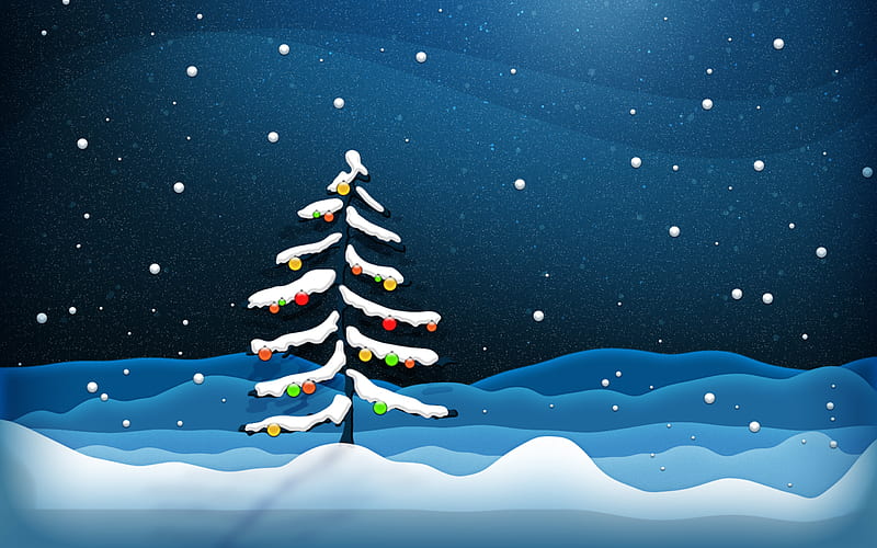 winter, night, Christmas, snowfall, snowdrift, Christmas tree, HD wallpaper