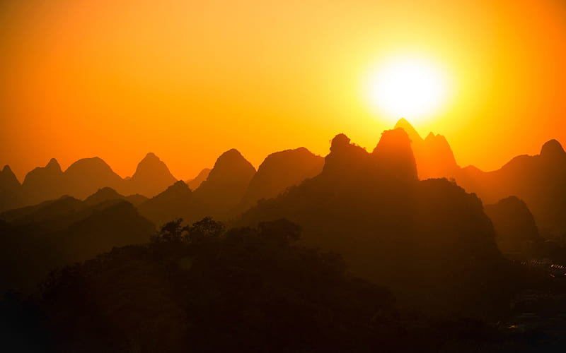 Morning High Mountain Silhouette Sunrise Horizon, HD wallpaper