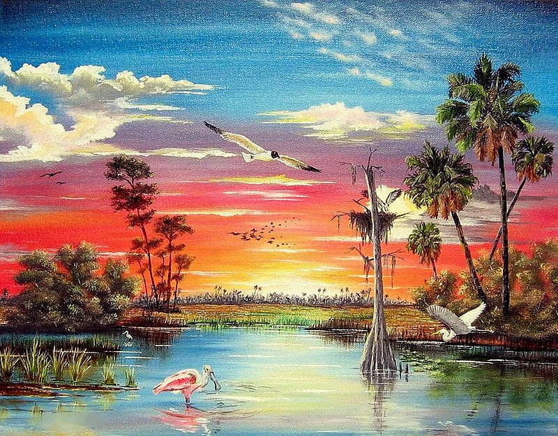 Hidden Refuge, water, bird, painting, sunset, reflection, trees, clouds, artwork, HD wallpaper