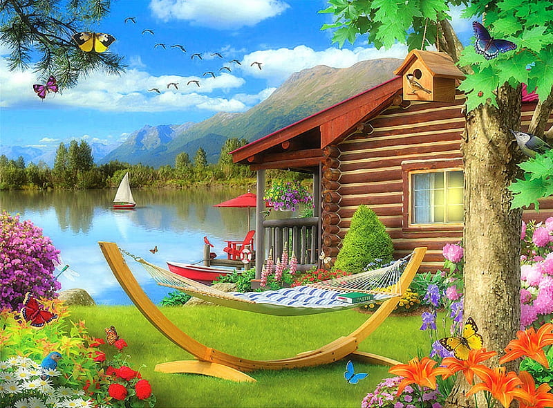 Summer Essence, cabins, cot, lakes, birds, love four seasons, butterflies, attractions in dreams, paintings, garden, flowers, summer, nature, HD wallpaper