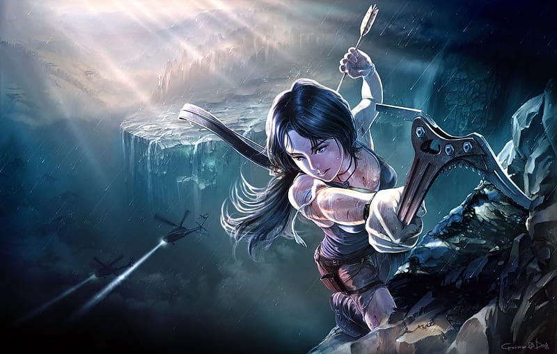 Lara Croft, art, luminos, game, tomb rider, fantasy, girl, aalge, white, blue, HD wallpaper