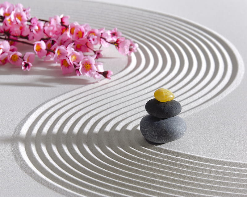 Zen Garden, flowers, garden, sand, stones, zen, HD wallpaper