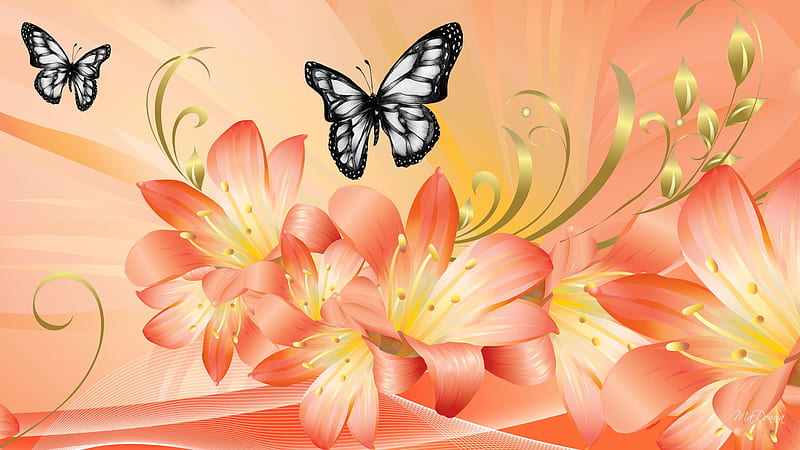 Dramatic Lilies, orange, dramatic, gold leaf, butterflies, butterfly, summer, flowers, lily, peach, gold swirl, HD wallpaper