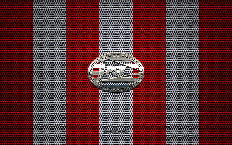 PSV logo, Dutch football club, metal emblem, red white metal mesh background, PSV, Eredivisie, Eindhoven, Netherlands, football, PSV Eindhoven, HD wallpaper