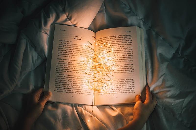 person holding string lights on opened book, HD wallpaper