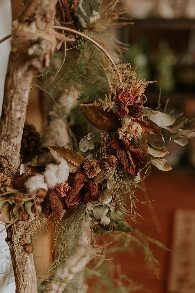 wreath, flowers, branches, dry, decoration, HD phone wallpaper